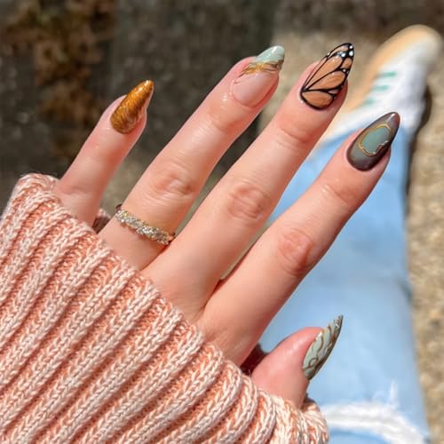 LBPEPAMZ 24Pcs Butterfly Press on Nails Medium Almond Fake Nails with Brown Gradient Designs Blue French Tips Nails Gold Full Cover Glossy Stick on Nails Cute Spring Glue on Nails for Women