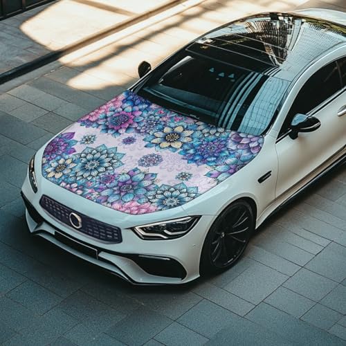 Image of Boho Mandala Flower Print Car Hood Cover, All-Season Car Bonnet Banner Universal Fit Truck Sedan Elastic Polyester Stretchable Automotive Hood Covers, Woman Man Gifts