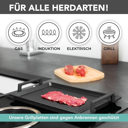 Grillplatte MaxxGoods aus Aluminiumguss mit Seitengriffen und gerippter Oberfläche