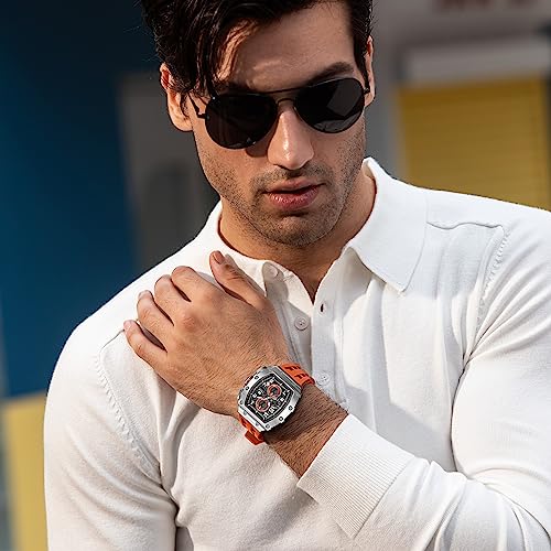 TSAR BOMBA Watch for Men, 50M Waterproof Mens Watches, Luxury Tonneau Watch with Silicone Watch Bands, Japanese Quartz Movement Chronograph, Gifts for Men