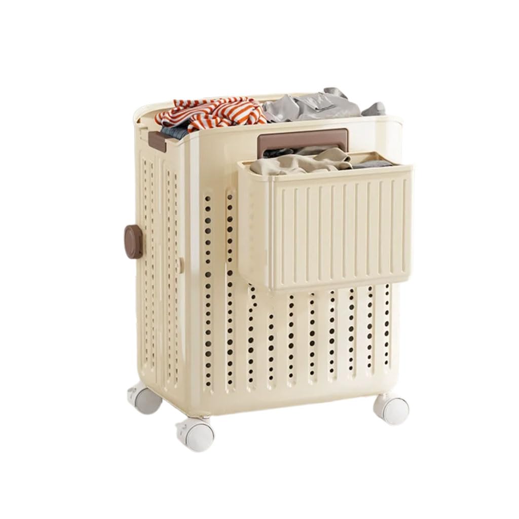 HRGKLMN Laundry basket, foldable with wheels and additional basket, large-capacity washing basket made of plastic, space-saving laundry hamper for small apartments, bathroom wash area,Cremefarben,M