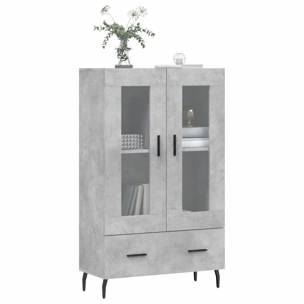 Nowoczesna komoda betonowa szara, 69,5 x 31 x 115 cm, materiał drewnopochodny, ze szklanymi drzwiami i metalowymi nogami, wszechstronne miejsce do przechowywania do salonu i jadalni