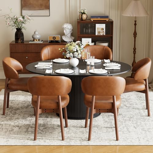Image of MALOL 47 inch-63 inch Extendable Round to Oval Dining Room Table Chairs Set for 4-8, Modern Wooden Kitchen Table and Chairs with Hidden Storage and Fluted Design for Dining Room /Small Space(Black and Brown)