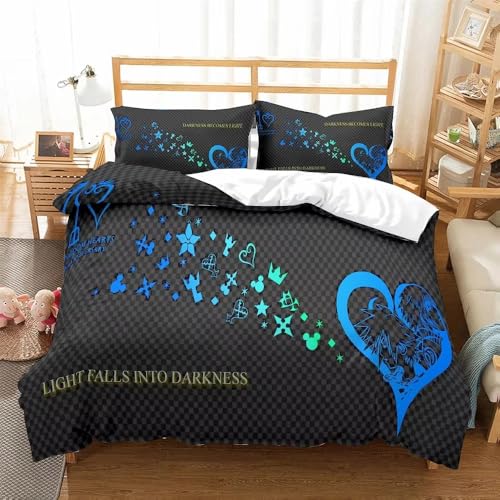 JGGXHM Parure de lit Motif cœur Bleu Kingdom Heart, Ensemble de Linge de lit de Luxe, Housse de Couette Tendance, Ensembles de lit Noirs avec taie d'oreiller...