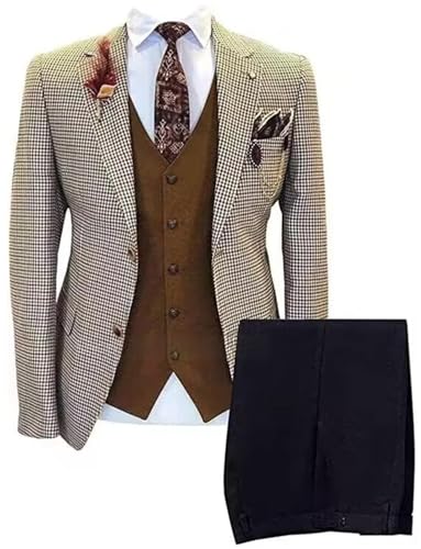 Costume 3 pièces homme avec veste pied-de-poule gilet et pantalon pour mariage et soirée