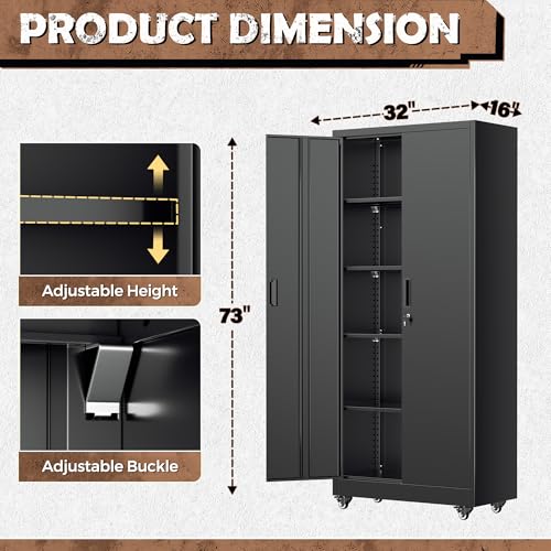 Image of INTERGREAT73 Garage Storage Cabinet with Wheels, Rolling Metal Storage Cabinet with Locking Doors and 4 Adjustable Shelves,- 73 inch Steel Tool Cabinet for Home Office,Garage,Warehouse,Black