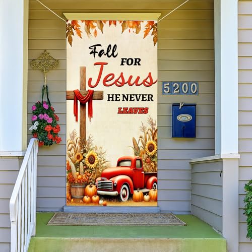 Image of Fall for Jesus Door Cover 35x71in Cross Pumpkin Autumn