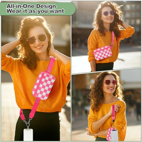 Image of YFWE Clip and Go Strap for Phone with Wallet Crossbody, Adjustable Phone Lanyard with Detachable RFID Wristlet Wallet, Phone Strap with Phone Tabs for All Phones, Pink Checkered (M)