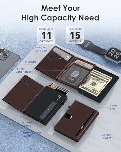 Image of QLD RFID Wallet for Men - Smart Pop up Card Holder - Trifold, Slim, Minimalist Wallet for Front Pocket, 9-11 Cards Capacity | ID Window | Cash Slot | Magnetic Closure