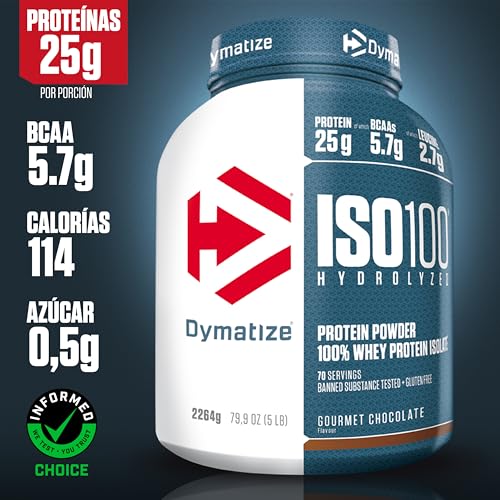 Nutrición de proteína en polvo ISO100 Dymatize mostrando 25g de proteínas, 5.7g de BCAAs y 0.5g de azúcar por porción.