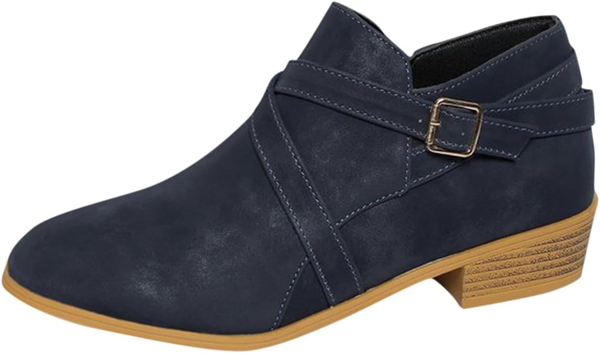 Boots for Women Belt Wrapped Chunky Block Low Heels Ankle Booties Metal Buckle Mid Calf Combat Boots Dress Short Boots