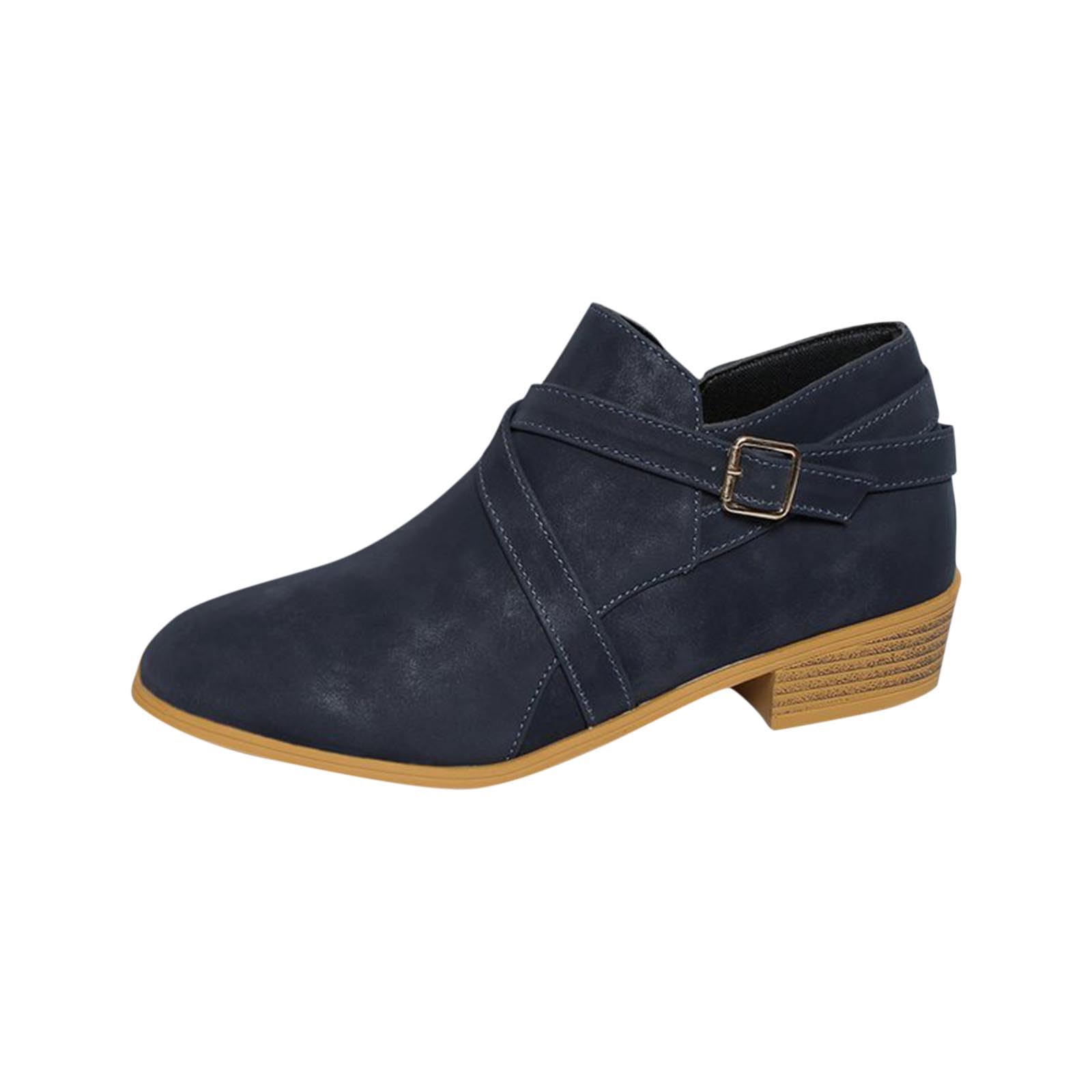 Ankle Boots for Women Buckle Strap Pointed Toe Short Boot Side Zipper Slouch Bootie Suede Punk Combat Shoes