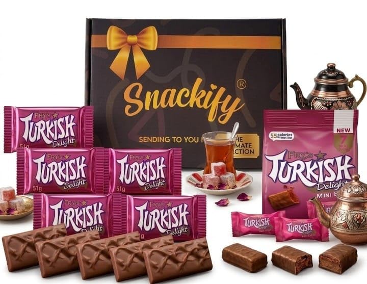 Luxury Turkish Delight Chocolate Gift Box | 5 x 51g Bars Frys Turkish Delight 20s & Frys Delights Mini Bars 105g | Chocolate Hamper in Snackify Gift Box | Birthday Anniversary Christmas