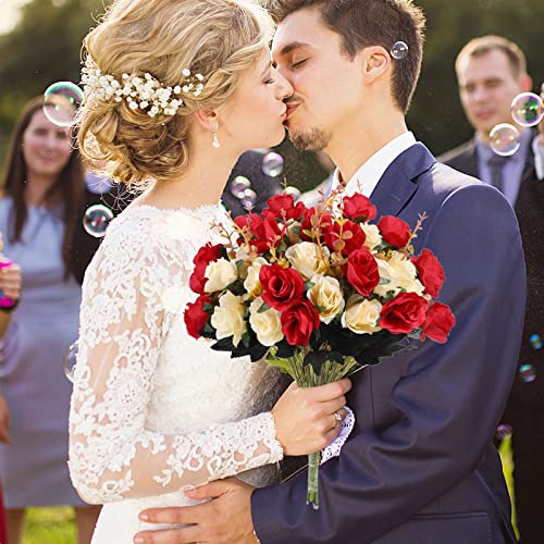 Artificial Flowers Fake Rose 4 Bunches 48 Heads Silk Bouquet With Plastic Stems For Wedding Home Bedroom Office Kitchen Indoor Table Vase Centerpiece Farmhouse Outdoor Plants Aesthetic Room Decor Gift #TOP6