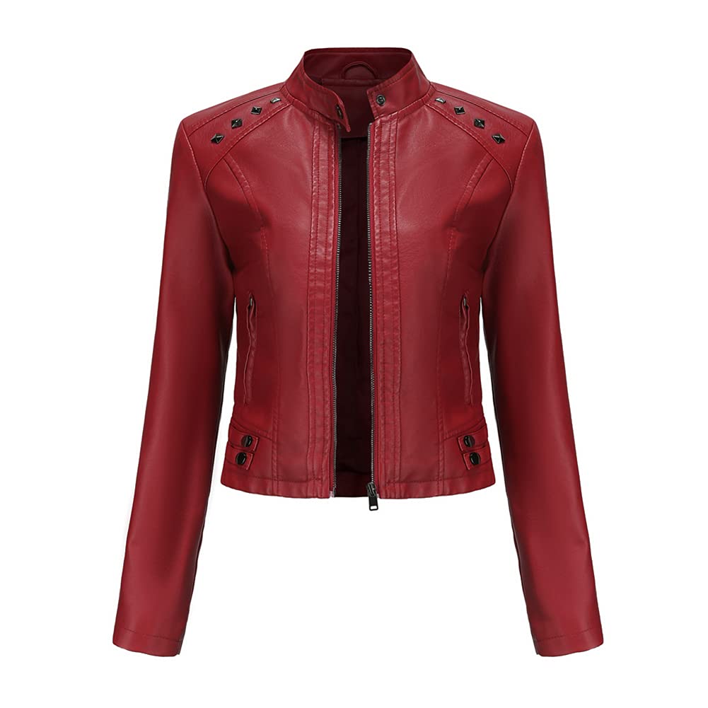 YYNUDA Chaqueta de piel con tachuelas cortas para mujer, color sólido y manga larga, estilo moto Biker