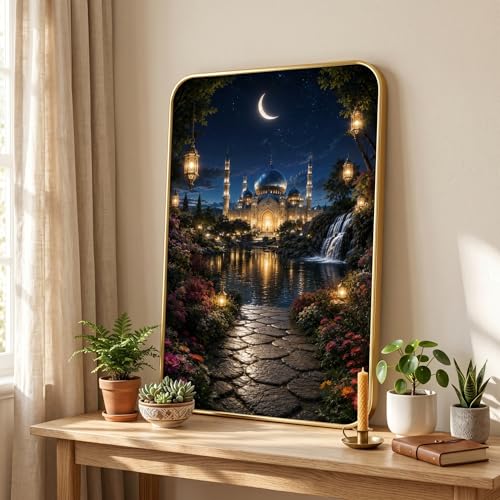 Image of SAF Islamic Mosque Night Garden Wall Painting with Premium PVC Golden Frame, Crescent Moon Waterfall Lantern Art, Muslim Home Decor for Prayer Room Living Room (13x19 Inch) MG-36046