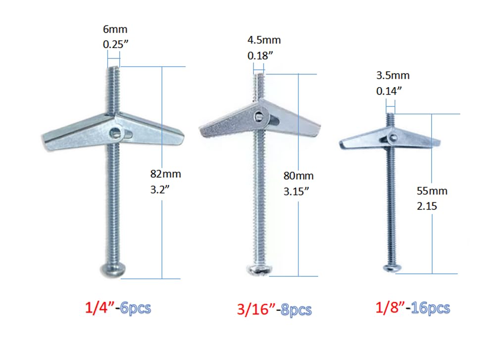 SKYWKX Toggle Bolts Anchors and Screws kit - 30 Sets Mixed Heavy Duty Butterfly Toggle Bolts and Wing Set for Hanging Heavy Items on Drywall Wood Ceiling Hollow Sheetrock(1/8-1/4-3/16 Mix 30sets)
