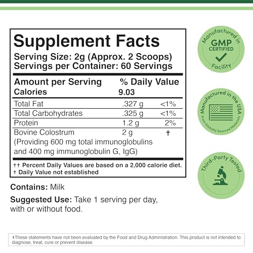 Double Wood Supplements Bovine Colostrum Powder for Women and Men, for Gut Health, Skin & Hair, Immune Support (120 Grams, 60 Day Supply - Standardized to 30% Total Immunoglobulins and 60% Protein)