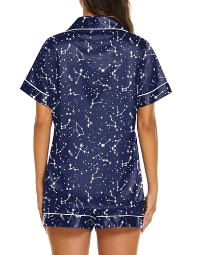 Image of Ekouaer Silk Pajamas for Women Short Sleeve Sleepwear Soft Button Down Loungewear 2 Piece Satin Pjs Shorts Set,Starry Sky Navy,L
