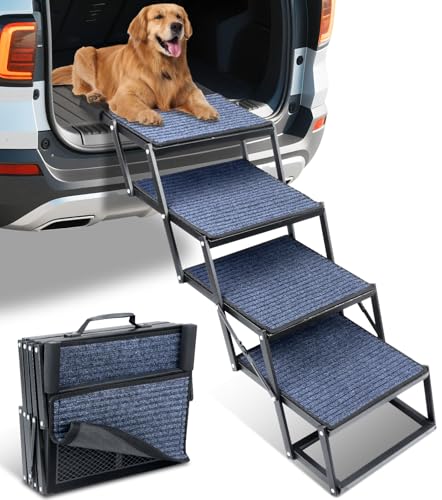 Dog Stairs for Car, 42''x 17'' Extra Wide Dog Stairs for Large Dogs to 250 LBS, Portable Dog Steps with Removable Non-Slip Surface, 4 Steps Foldable Dog Ramp for Car, SUV, High Bed/Couch