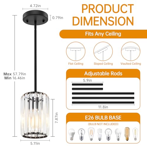 Esfos Black Pendant Light, Modern Crystal Pendant Lights Kitchen Island, Kitchen Island Lighting with Adjustable Height, UL Certified Island Lights for Kitchen Dining Room Bedroom Hallway 1 Pack, E26 - image 5
