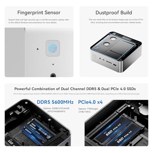 Image of Beelink GTI14 Ultra Mini PC W11 PRO, Intel Core Ultra 9 185H (16C /22T, up to 5.1GHz), 32G DDR5 +1TB PCIe 4.0 SSD, Triple 4K Display, WiFi7+BT5.4+Dual 2.5G LAN Mini Desktop Computer for Gaming /Business