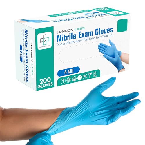 London Labs Nitrile Medical Exam Gloves 4 Mil Disposable Gloves, Latex Free Glove, Powder Free Multi-Purpose (200, X-Small)
