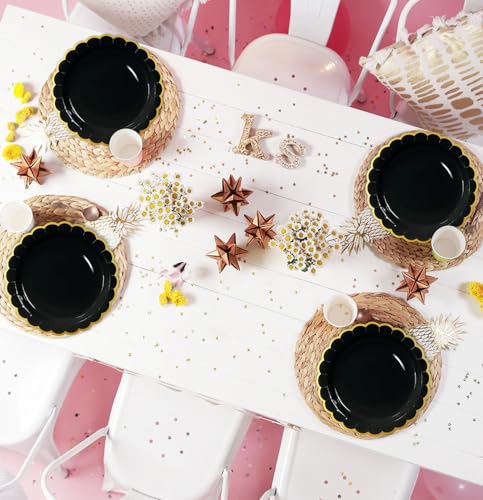 Image of HEIPINIUYE 50 Pieces Black Paper Plates with Gold Foil 9 Inch Disposable Black Scalloped Dinner Plates for Wedding Baby Shower Birthday Party Dessert Plate