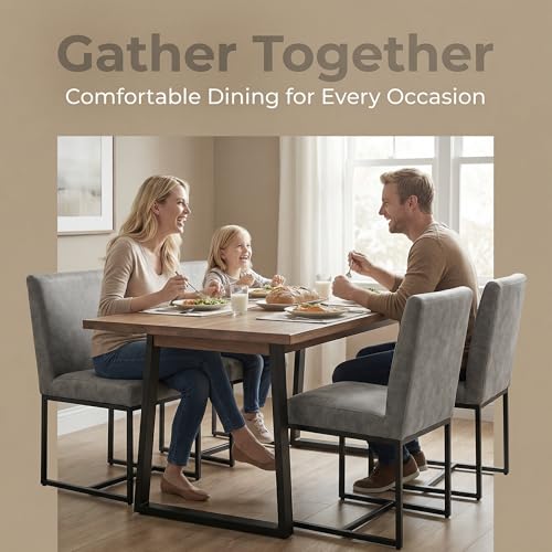 Image of HNY Modern Dining Chairs Set of 2, Upholstered Leather Dining Room Chairs with Ergonomic Back & Metal Frame for Home, Kitchen, Apartment, Grey