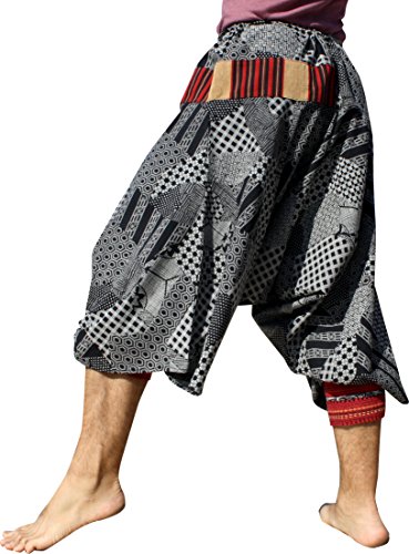 RaanPahMuang Japanese Formal Edo Courtesan Pants with Tied Cuffs and Woven Patches, Medium, Aum Cotton - Polka Dot - Black