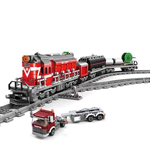 BGOOD Technik Zug mit Schienen, 1002 Klemmbausteine Ferngesteuerter City Zug Güterzug mit Motor, Wagen, Gleise und…