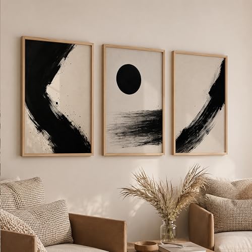 Image of TheMakerly Set of 3 Abstract Black White Wall Art Paintings for Living Room | Modern Minimalist Wall Decor | Neutral Contemporary Wall Paintings for Bedroom, Office, Hall & Home Decoration (13x19 Inches)