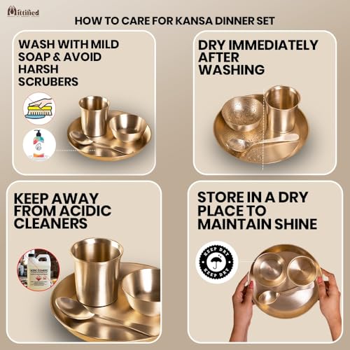 Image of Pure Kansa Dinner Set 4 Pieces | Bronze Thali Set 8 Inch Plate, 1 Bowl, 1 Glass, 1 Spoon | Handcrafted Ayurvedic Kansa Utensils | Matte Finish | Gift for Diwali Wedding Housewarming
