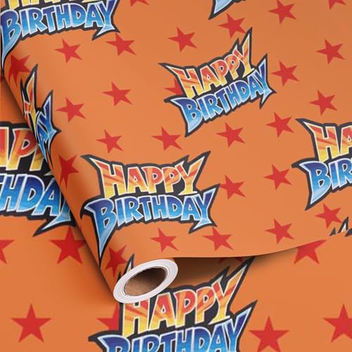 Iopmou Anime Theme Birthday Wrapping Paper for Boys Kids - Mini Roll - Blue Orange Happy Birthday Theme with Star Gift Wrap for Baby Shower Party Cartoon Animation DIY Craft - 17 In X 20 Ft (Total 28.5 sq.ft)