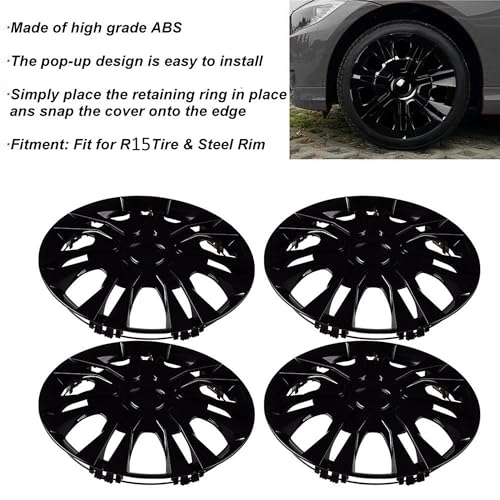 Image of Black Hubcap Wheel Cover Replacement Kit 15 inch Hub Caps Wheel Rim Cover Car Exterior Accessories Pack of 4, 15 Inches