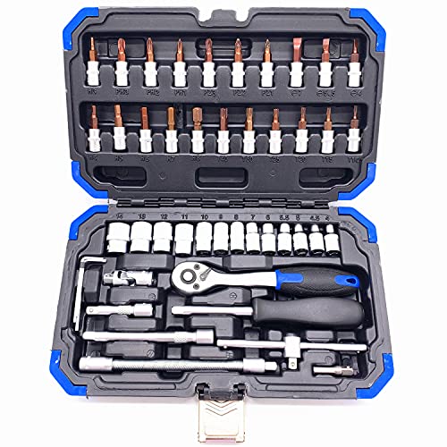 Srunv Socket Wrench Set Metric And Standard 1/4-Inch Drive,4-14Mm,Cr-V Sockets, S2 Bit Sockets And Extension Bar, With 72-Teeth Quick-Release Ratchet Wrench, For Auto Repair & House Hold, 46-Pieces #TOP5