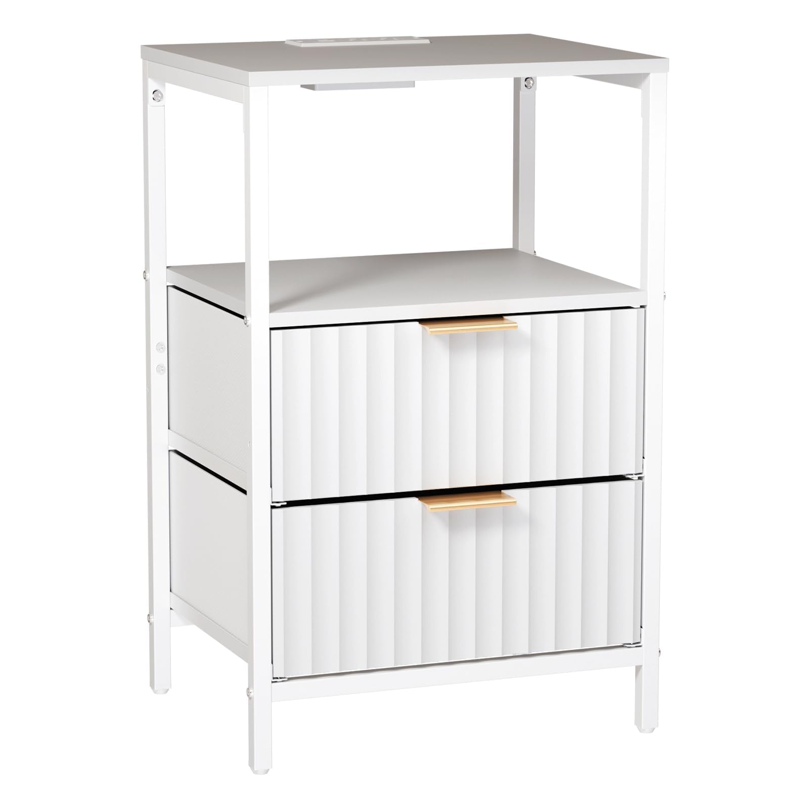 Bonnlo Table de Chevet avec Prises, 2 Tiroirs+1 Étagère, Chambre, Blanche