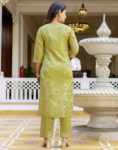 Image of SIRIL Women's Taffeta Jacquard and Embroidery Work Straight Kurta Pant with Dupatta Set