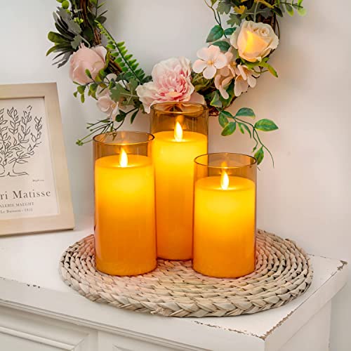 LTETTES Flameless LED Candles AA Battery Powered with Golden Acrylic Fiber Glass with Remote Controller and Timer for Home Festival Wedding Decor (Set of 3-3" D x 4",5",6" H) 2 51nDku6 eBL