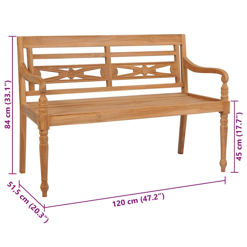 Batavia Banco de jardín de 120 cm, banco de madera maciza de teca con cojín de cuadros grises, resistente a la intemperie y duradero