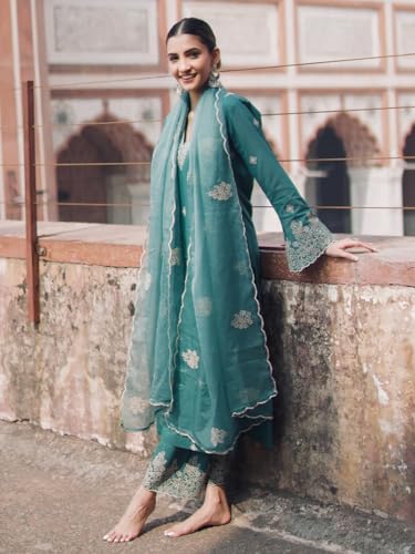 Image of Royal Export Women's Kurta Set | Viscose Silk Floral Embroidered Straight Kurta Pant Dupatta Set Kurta Sets for Women | Ladies Kurta Set
