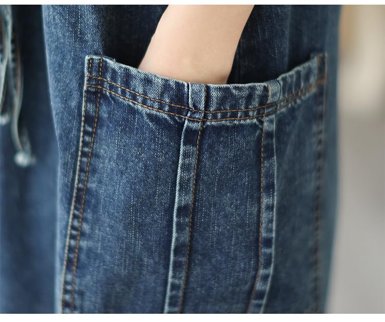 Robes Casual Femme,Robe Chasuble en Jean pour Femme Élégante Bleu Foncé sans Manches Débardeur Été Décontractée Ample Salopette en Jean Surdimensionnée Froncée Cordon De Serrage