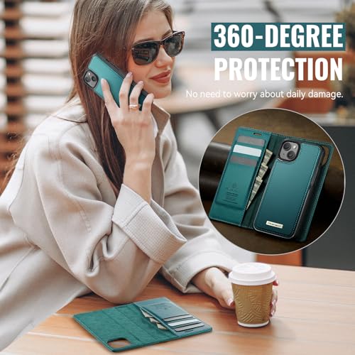 Image of Wallet Case for iPhone 13 Compatible with Magsafe, 2-in-1 PU Leather Flip RFID Blocking Card Holder Stand Shockproof Magnetic Detachable Cover for iPhone 13 Case 6.1 inch, Bluegreen