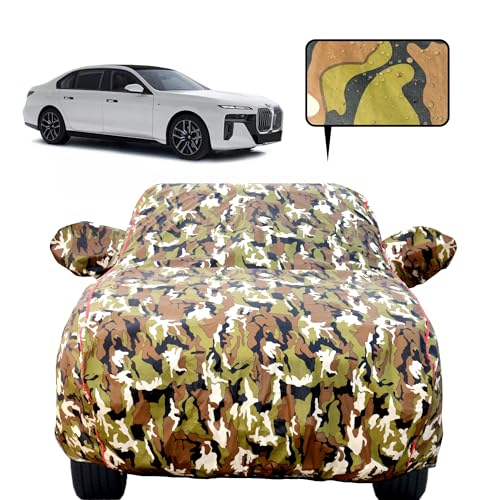 Image of Waterproof Car Body Cover for BMW 7 Series (Uptil 2022) with Mirror Pocket, Soft Cotton Lining, Triple Stitched, Full Bottom Elastic (Heat Resistant Jungle Print with Red Piping)