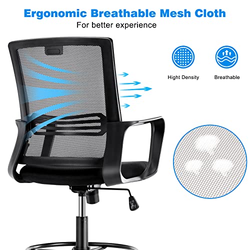 Drafting Chair With Fixed Armrests And Foot-Ring, Tall Office Chair For Standing Desk Adjustable Height Office Desk Chair For Home Office, Breathable Mesh Swivel Rolling Tall Chair Black #TOP3