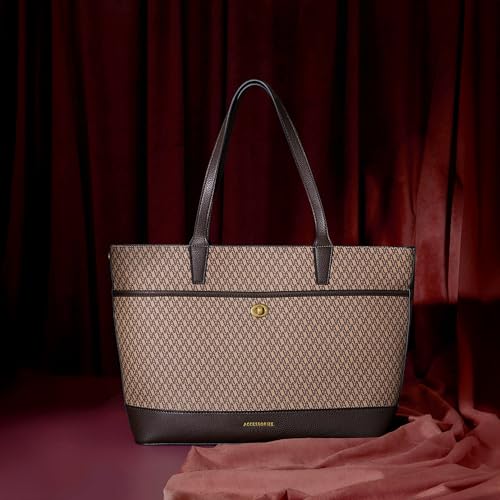 Image of Accessorize London Women's Brown Monogram Print Tote Bag | Large Capacity Handbag | Stylish Shoulder Bag For Ladies