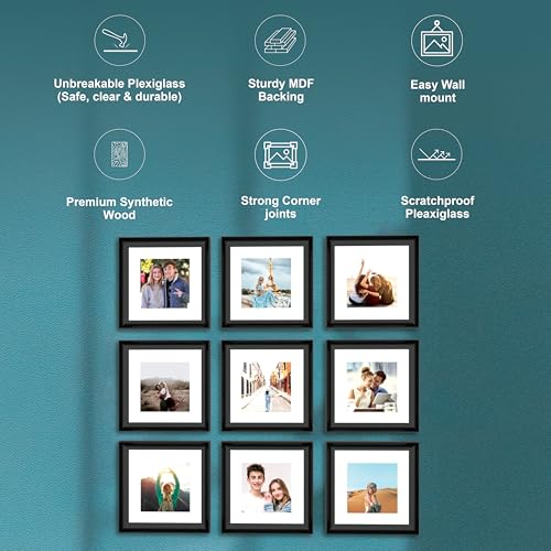 Image of Art Street Wooden Photo Frame for living room, Aesthetic Cave Design Photo Frames for Photograph, Art Work, Certificates Set of 9 (8x8 Inch, Black)