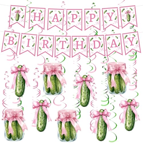 Mindsoft 29 Pcs Pink Bow Pickle Birthday Party Decorations Happy Birthday Banners with Pink Bow Pickle Cutouts Swirls Kind of a Big Dill Coquette Party Supplies for Funny Fruit Cucumber Baby Shower