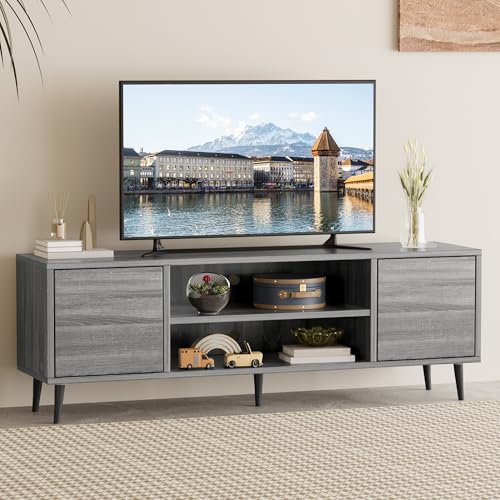 Flamaker Mid Century Modern TV Stand for 65 inch TV, Entertainment Center with Storage, Media Console with Sturdy Legs, Push-to-Open Cabinets, Wooden Living Room Furniture, Bright Gray