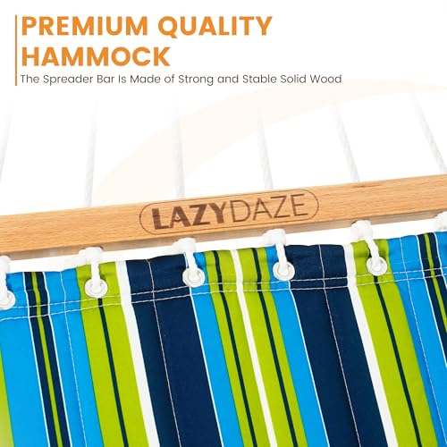 Image of Lazy Daze Double Quilted Hammock with Pillow and Carabiners, Green Stripe | 12FT 2 Person Outdoor Hammock with Hardwood Spreader Bars and Chains for Outside, 450lbs Weight Capacity